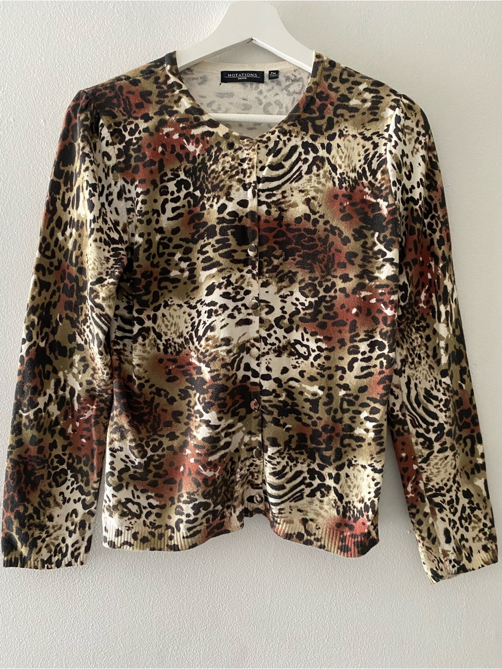 Notations Brown Multi Animal Print Button-Front  Sweater Cardigan Petite M